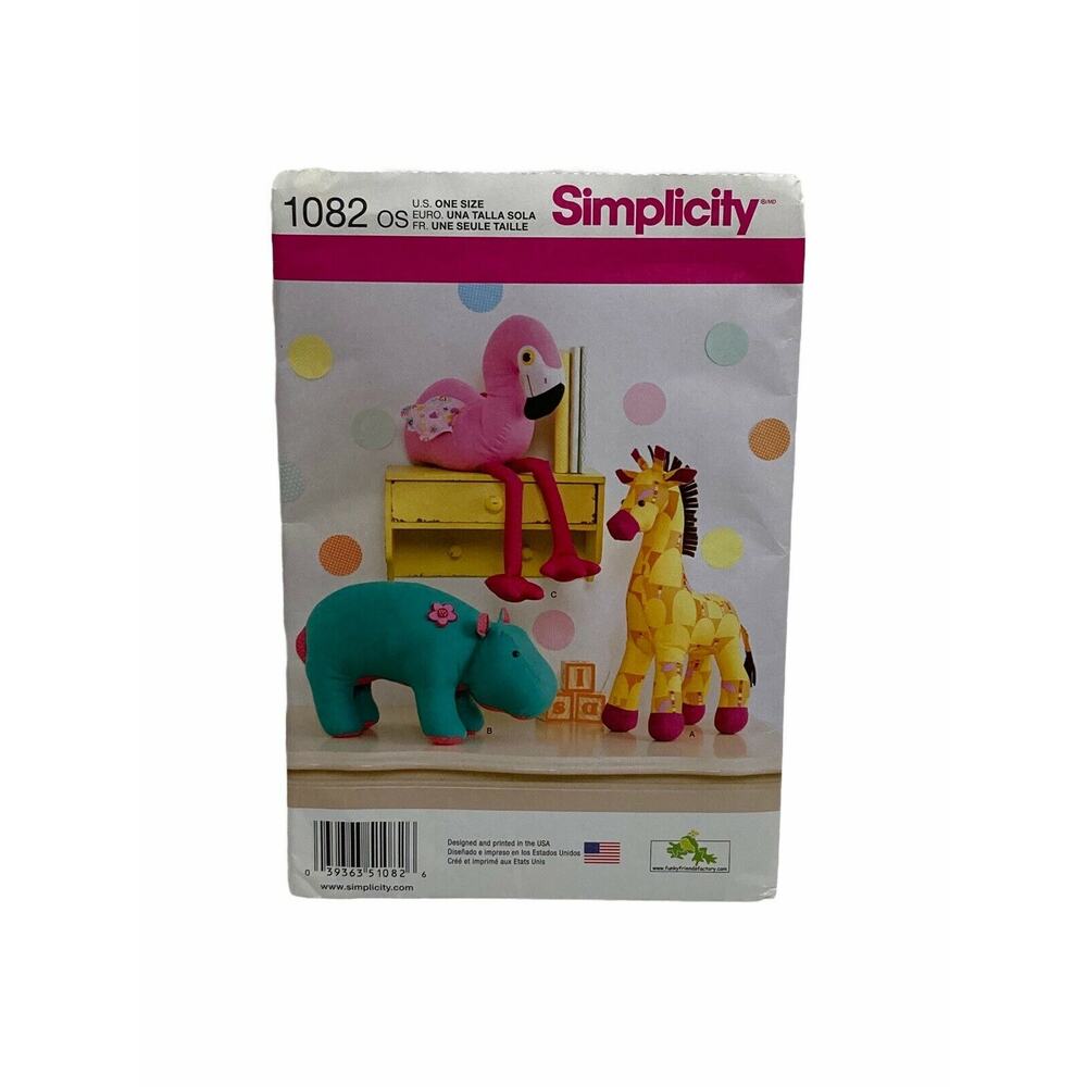 Simplicity 1082 Stuffed Animals Sewing Pattern Giraffe Hippo Flamingo